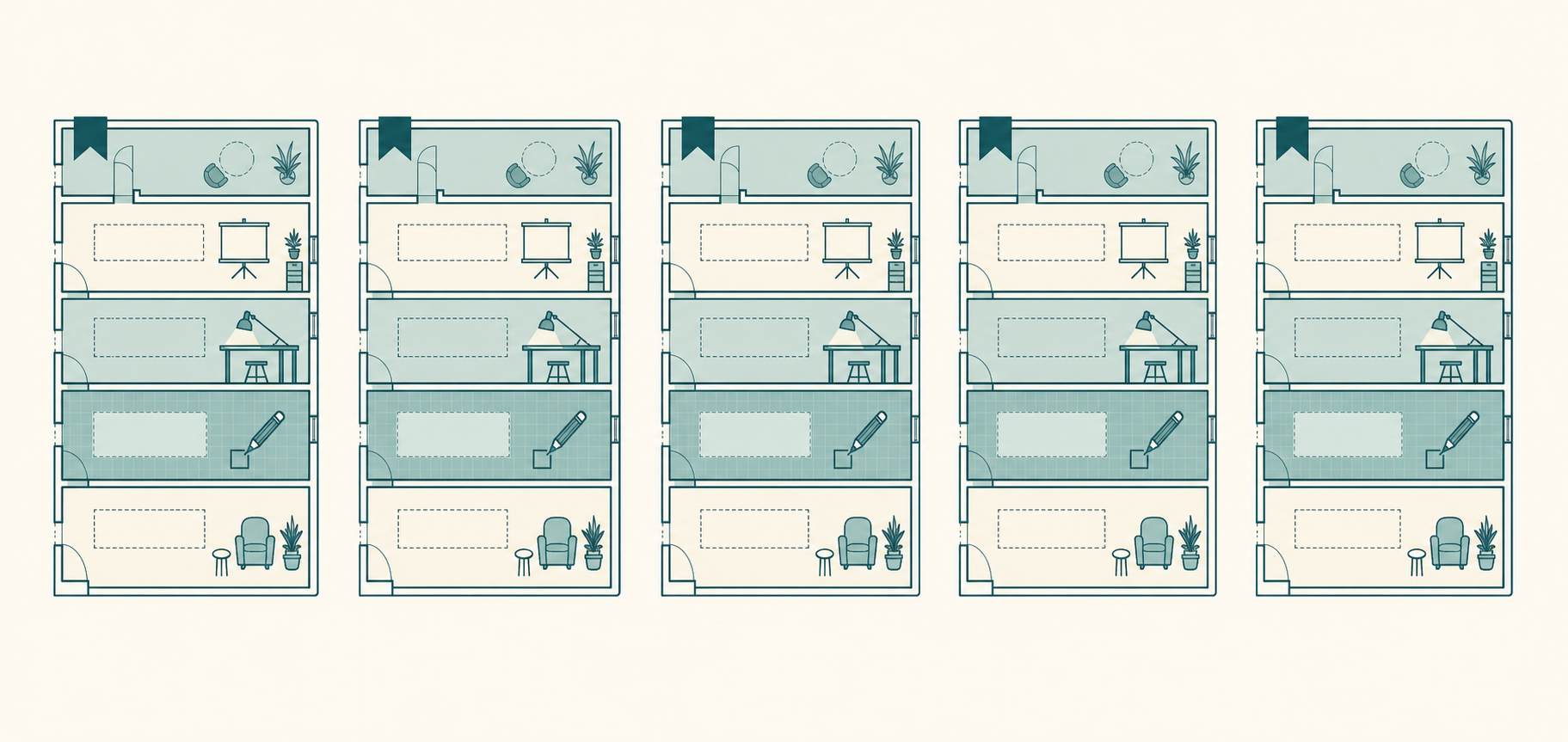Illustration of five identical chapter icons each subdivided into the same repeatable internal sections