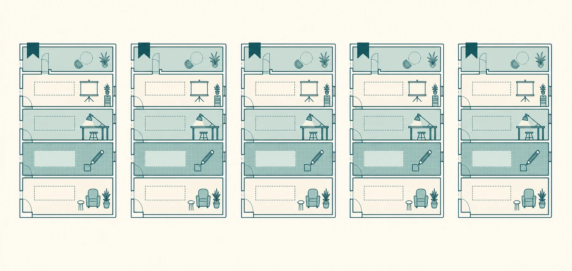 Illustration of five identical chapter icons each subdivided into the same repeatable internal sections