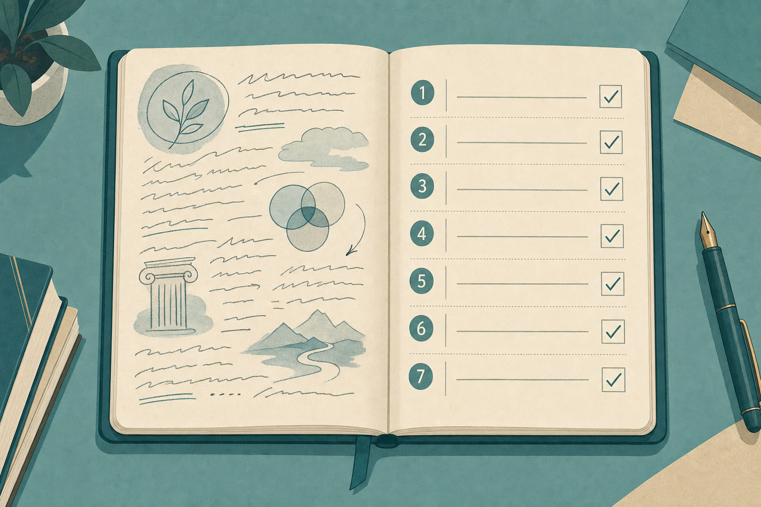 Illustration of a notebook transitioning from broad curriculum philosophy notes to a precise numbered syllabus checklist