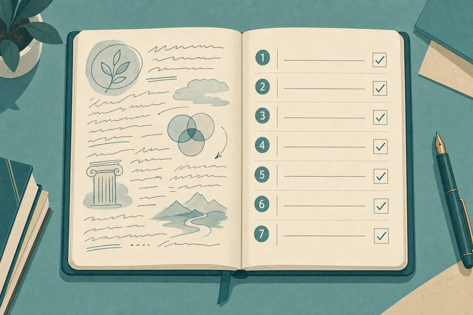 Illustration of a notebook transitioning from broad curriculum philosophy notes to a precise numbered syllabus checklist