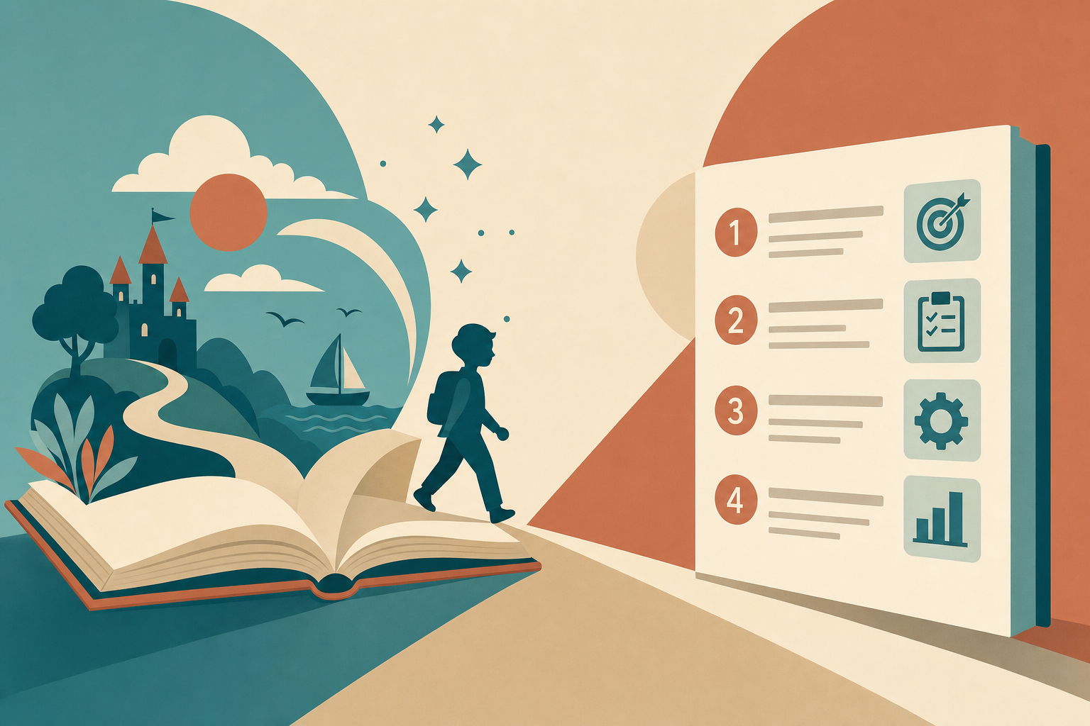 Illustration of a storybook character walking into a page of directive numbered instructions, representing narrative versus directive teaching style