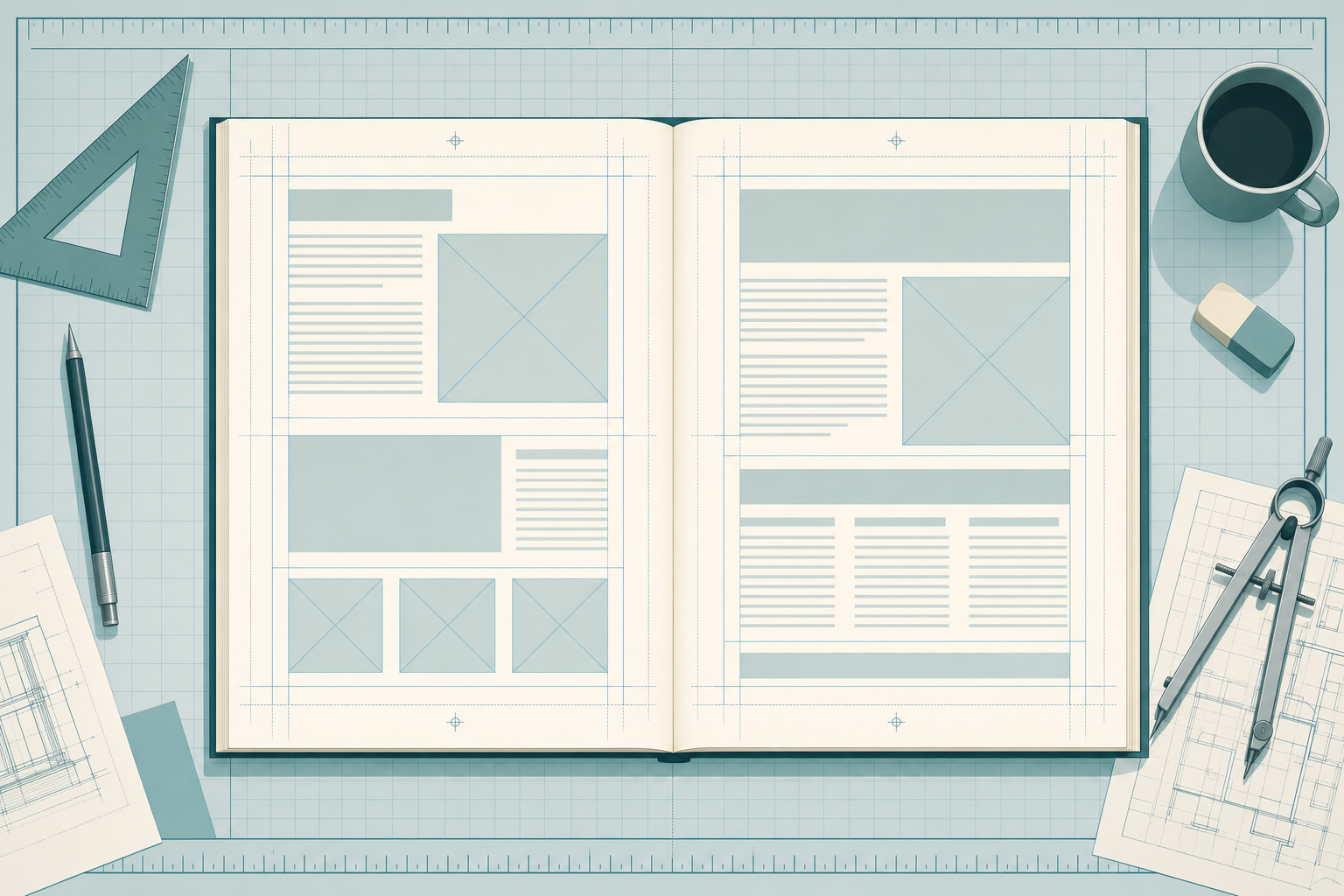 Illustration of a textbook page-layout grid with margin guides and placeholder text and image blocks