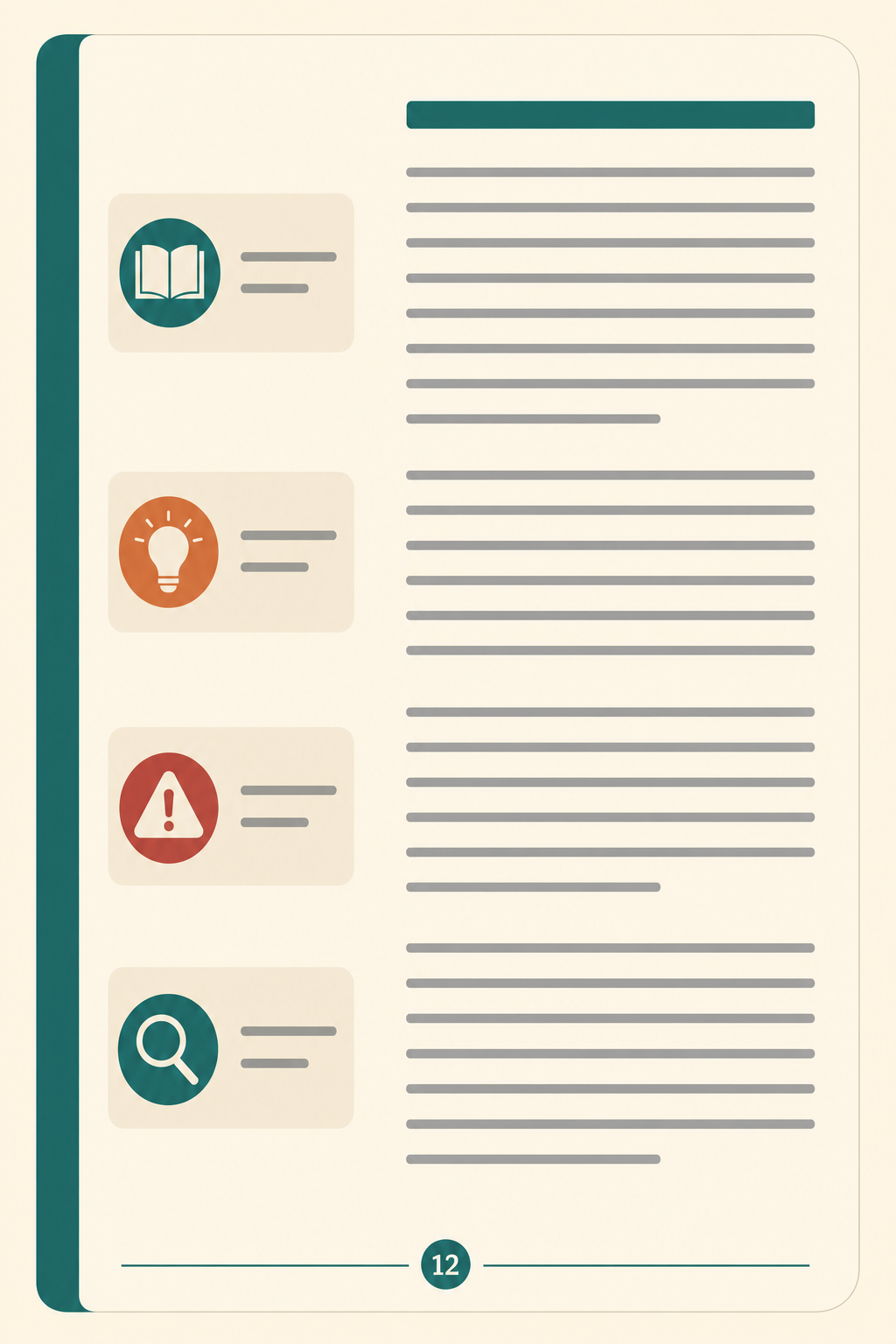 Illustration of a textbook page with four distinct margin call-out icons: book, lightbulb, warning triangle, and magnifying glass