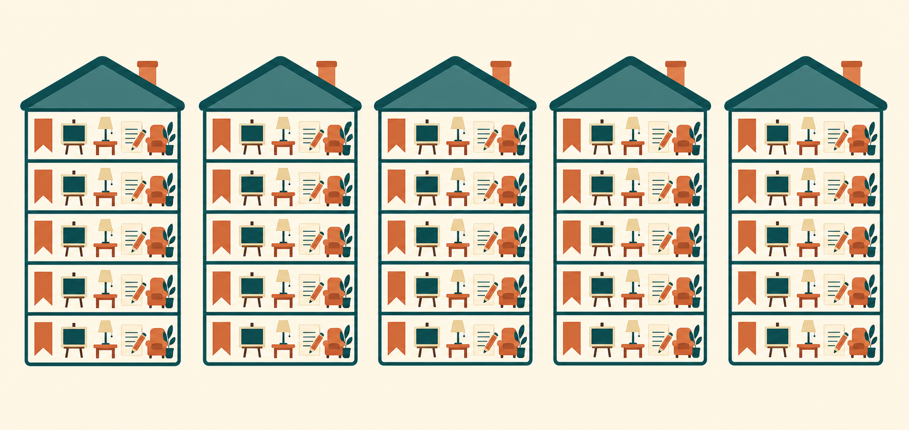 Illustration of five identical chapter floor-plan icons, each subdivided into the same repeatable internal sections