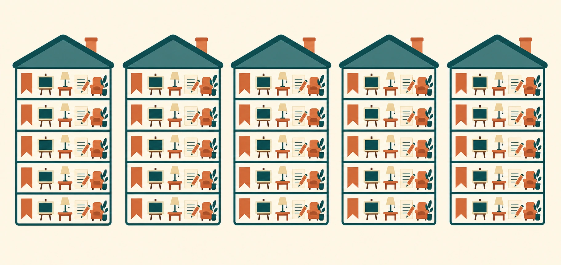 Illustration of five identical chapter floor-plan icons, each subdivided into the same repeatable internal sections
