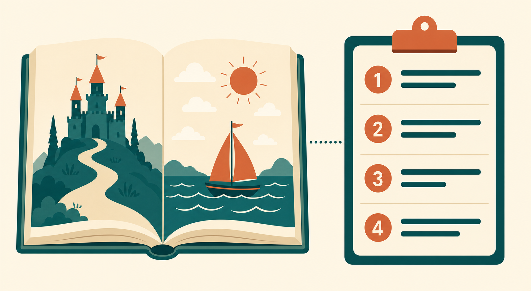 Illustration of a storybook with a fantasy landscape rising from its pages beside a directive numbered checklist card, representing narrative versus directive teaching style