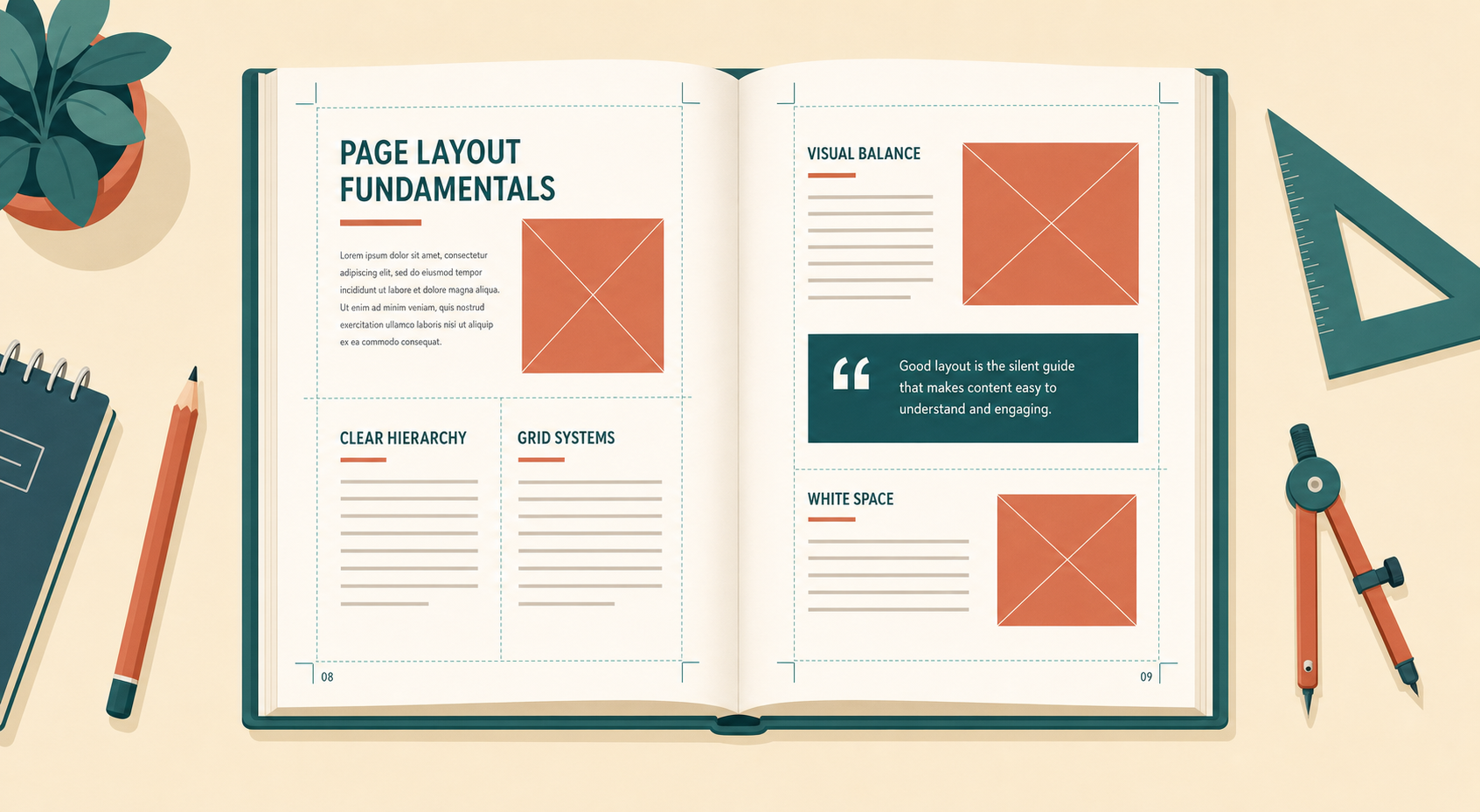 Illustration of an open book shown from above with a page-layout grid design of placeholder text and image blocks, surrounded by design tools