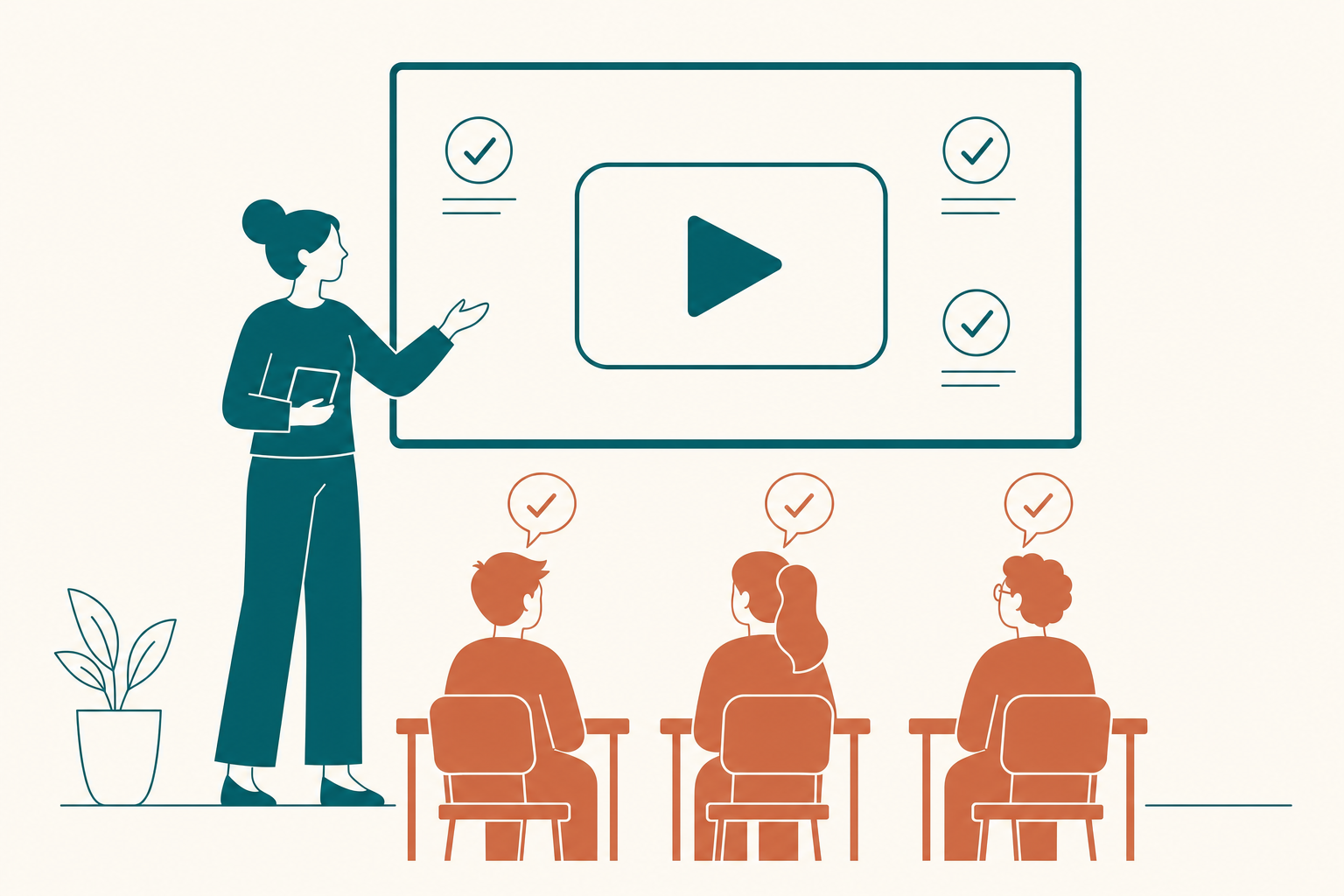 Illustration of a teacher and students engaging with a quiz-enhanced video lesson