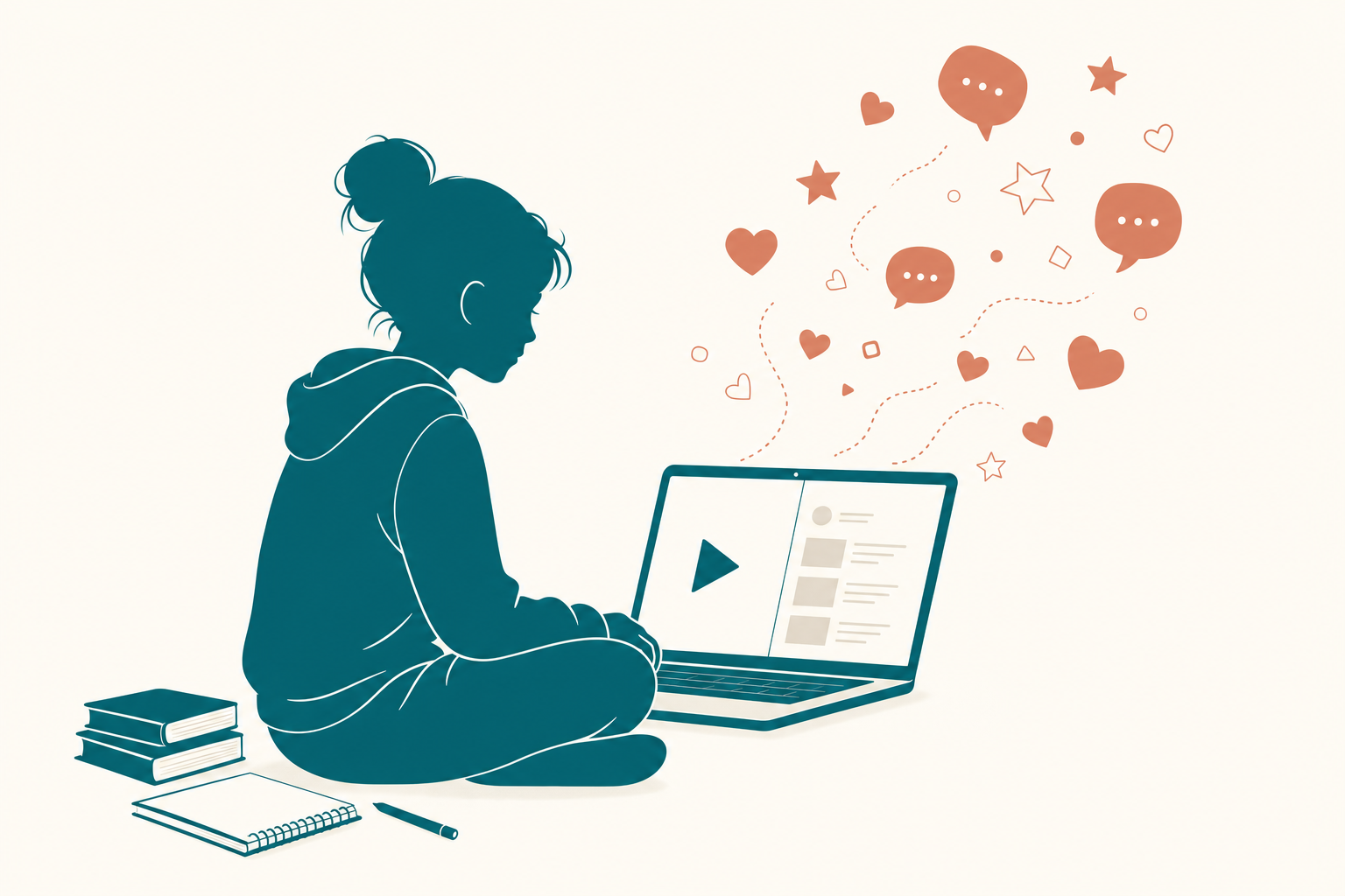 Illustration of a student watching a video while social media icons drift away from the screen, symbolizing distraction